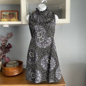Mayamiko Black Gray White Floral Cotton Mini Dress Ruffle Trim UK 8 / US 2/4